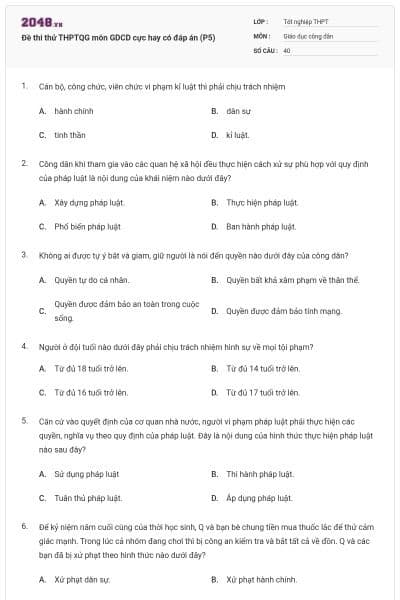 Đề thi thử THPTQG môn GDCD cực hay có đáp án (P5)