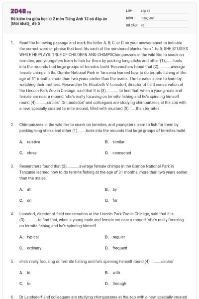Đề kiểm tra giữa học kì 2 môn Tiếng Anh 12 có đáp án (Mới nhất)_ đề 5