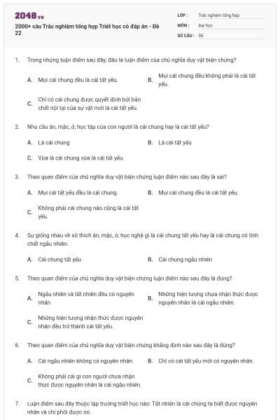 2000+ câu Trắc nghiệm tổng hợp Triết học có đáp án - Đề 22