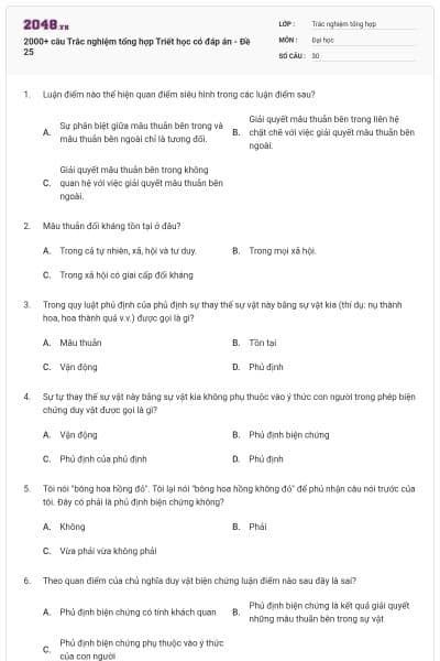 2000+ câu Trắc nghiệm tổng hợp Triết học có đáp án - Đề 25