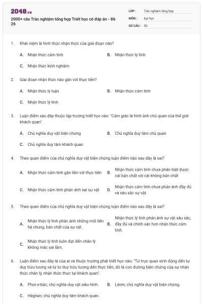 2000+ câu Trắc nghiệm tổng hợp Triết học có đáp án - Đề 26