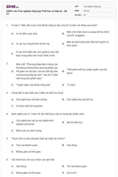 2000+ câu Trắc nghiệm tổng hợp Triết học có đáp án - Đề 27