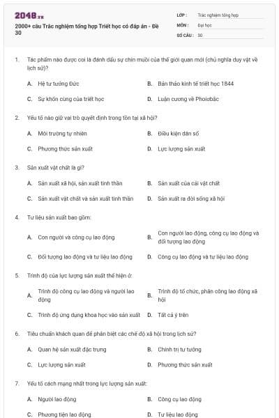 2000+ câu Trắc nghiệm tổng hợp Triết học có đáp án - Đề 30