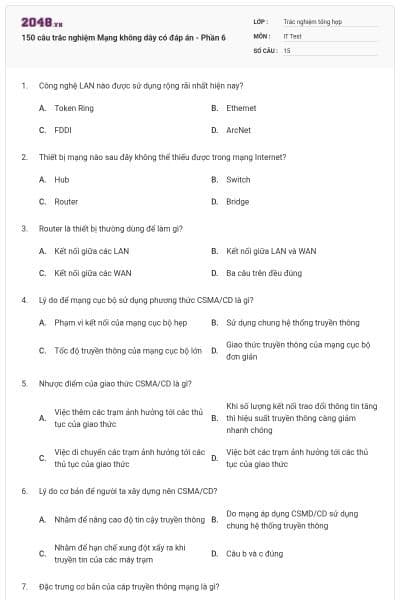 150 câu trắc nghiệm Mạng không dây có đáp án - Phần 6