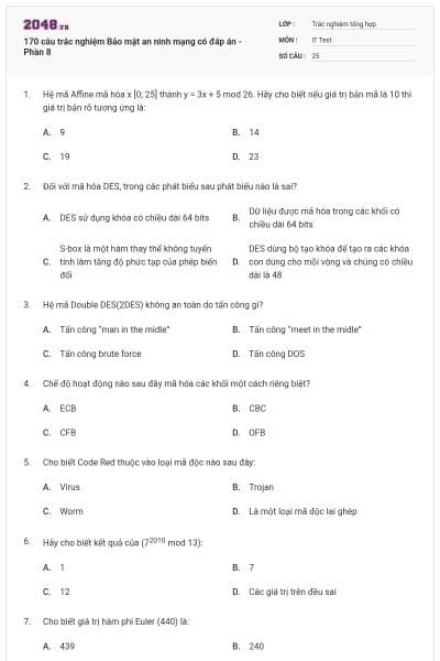 170 câu trắc nghiệm Bảo mật an ninh mạng có đáp án - Phần 8