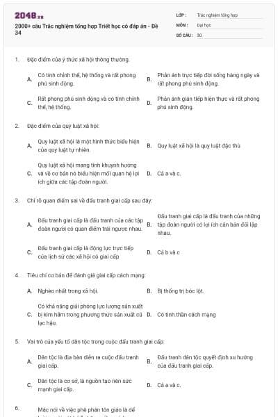 2000+ câu Trắc nghiệm tổng hợp Triết học có đáp án - Đề 34