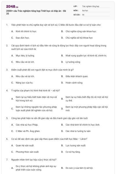 2000+ câu Trắc nghiệm tổng hợp Triết học có đáp án - Đề 35