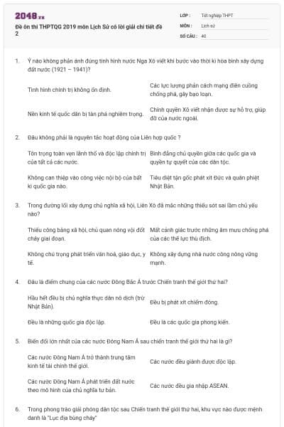 Đề ôn thi THPTQG 2019 môn Lịch Sử có lời giải chi tiết đề 2