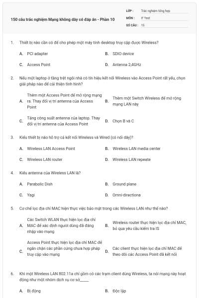 150 câu trắc nghiệm Mạng không dây có đáp án - Phần 10