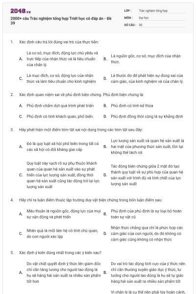 2000+ câu Trắc nghiệm tổng hợp Triết học có đáp án - Đề 39