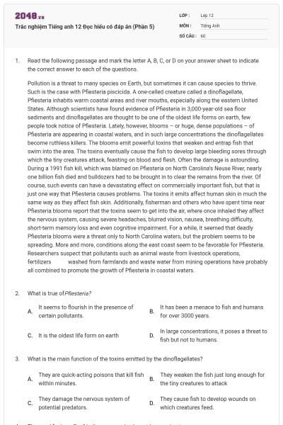 Trắc nghiệm Tiếng anh 12 Đọc hiểu có đáp án (Phần 5)