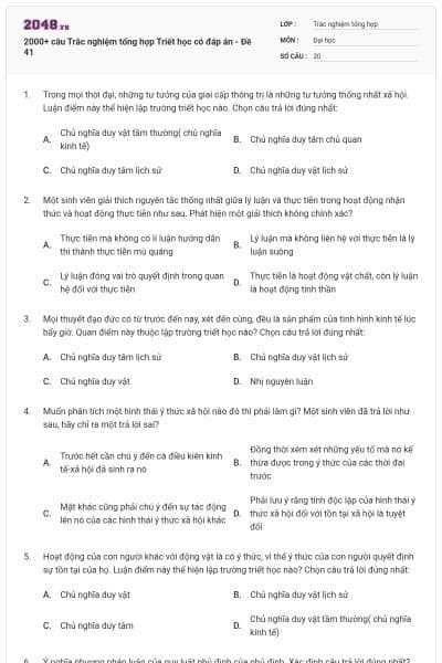 2000+ câu Trắc nghiệm tổng hợp Triết học có đáp án - Đề 41