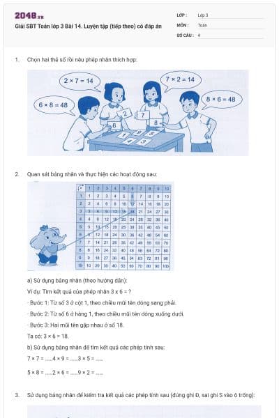 Giải SBT Toán lớp 3 Bài 14. Luyện tập (tiếp theo) có đáp án