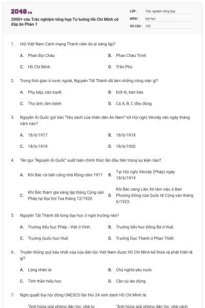 2000+ câu Trắc nghiệm tổng hợp Tư tưởng Hồ Chí Minh có đáp án Phần 1