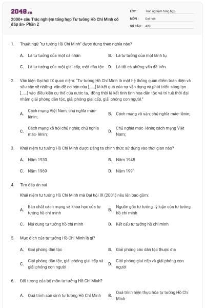 2000+ câu Trắc nghiệm tổng hợp Tư tưởng Hồ Chí Minh có đáp án- Phần 2