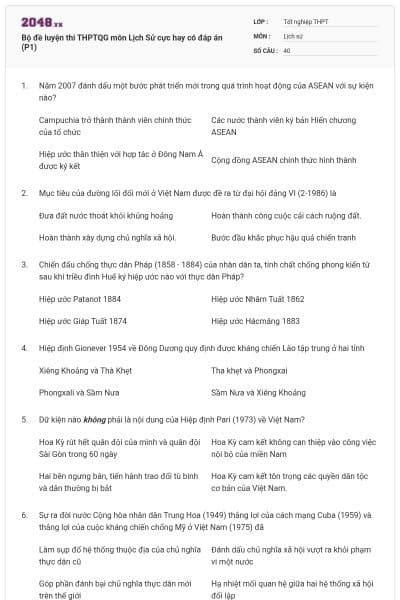 Bộ đề luyện thi THPTQG môn Lịch Sử cực hay có đáp án (P1)