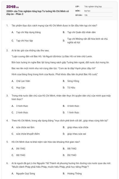 2000+ câu Trắc nghiệm tổng hợp Tư tưởng Hồ Chí Minh có đáp án - Phần 3