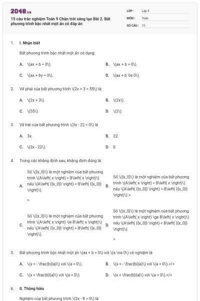 15 câu trắc nghiệm Toán 9 Chân trời sáng tạo Bài 2. Bất phương trình bậc nhất một ẩn có đáp án