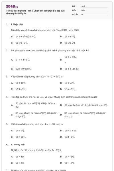 15 câu trắc nghiệm Toán 9 Chân trời sáng tạo Bài tập cuối chương II có đáp án