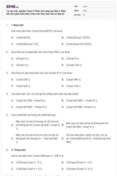 15 câu trắc nghiệm Toán 9 Chân trời sáng tạo Bài 4. Biến đổi đơn giản biểu thức chứa căn thức bậc hai có đáp án