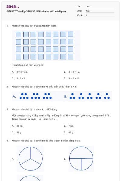 Giải SBT Toán lớp 3 Bài 30. Bài kiểm tra số 1 có đáp án
