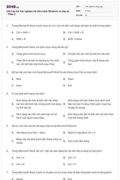 200 Câu hỏi trắc nghiệm Hệ điều hành Windows có đáp án - Phần 2