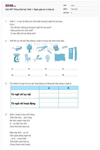 Giải VBT Tiếng Việt lớp 3 Bài 1. Ngày gặp lại có đáp án