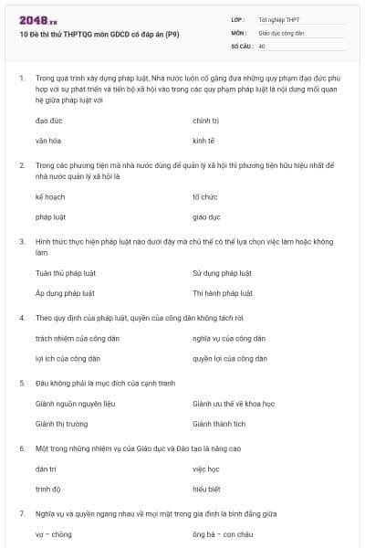 10 Đề thi thử THPTQG môn GDCD có đáp án (P9)