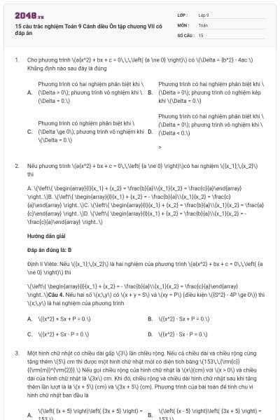 15 câu trắc nghiệm Toán 9 Cánh diều Ôn tập chương VII có đáp án