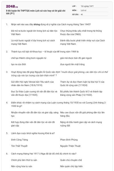 8 Đề luyện thi THPTQG môn Lịch sử cức hay có lời giải chi tiết (P1)