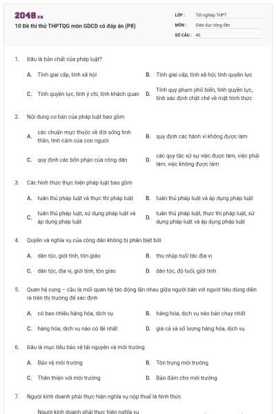 10 Đề thi thử THPTQG môn GDCD có đáp án (P8)
