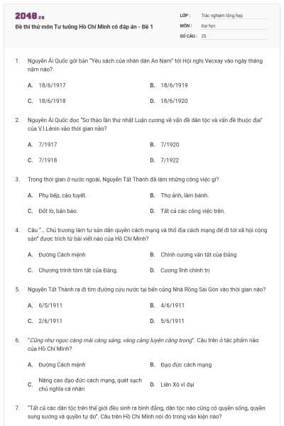 Đề thi thử môn Tư tưởng Hồ Chí Minh có đáp án - Đề 1