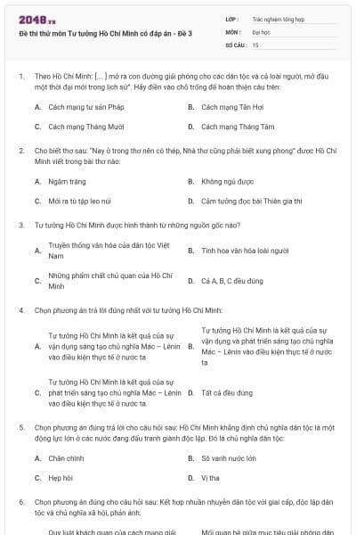 Đề thi thử môn Tư tưởng Hồ Chí Minh có đáp án - Đề 3