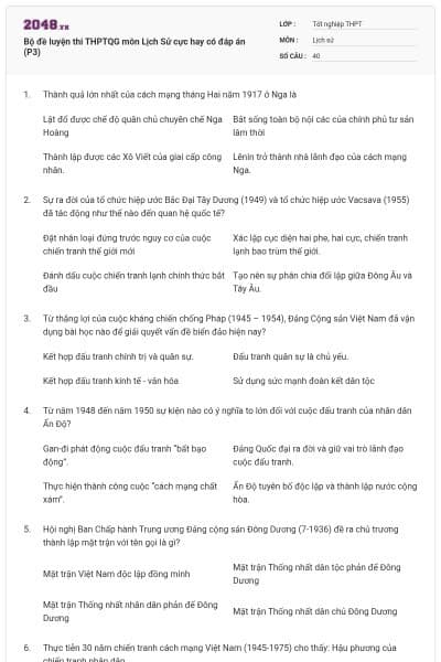 Bộ đề luyện thi THPTQG môn Lịch Sử cực hay có đáp án (P3)