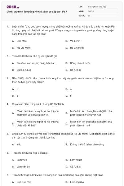 Đề thi thử môn Tư tưởng Hồ Chí Minh có đáp án - Đề 7