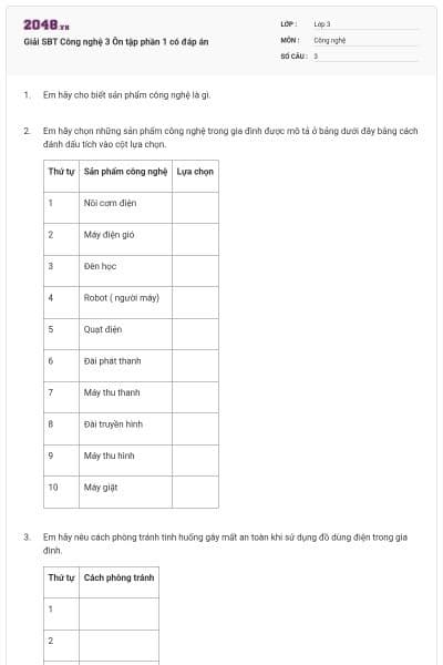 Giải SBT Công nghệ 3 Ôn tập phần 1 có đáp án