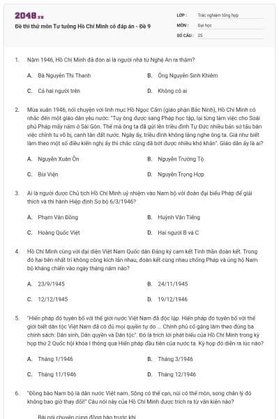 Đề thi thử môn Tư tưởng Hồ Chí Minh có đáp án - Đề 9