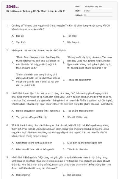 Đề thi thử môn Tư tưởng Hồ Chí Minh có đáp án - Đề 11