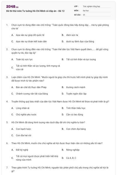 Đề thi thử môn Tư tưởng Hồ Chí Minh có đáp án - Đề 12