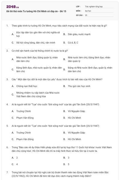 Đề thi thử môn Tư tưởng Hồ Chí Minh có đáp án - Đề 15