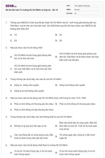 Đề thi thử môn Tư tưởng Hồ Chí Minh có đáp án - Đề 16