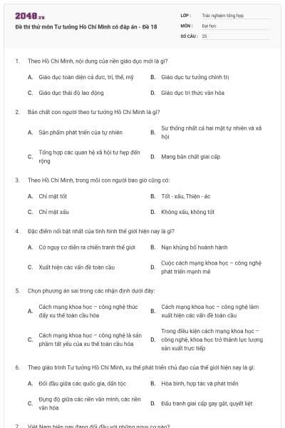 Đề thi thử môn Tư tưởng Hồ Chí Minh có đáp án - Đề 18