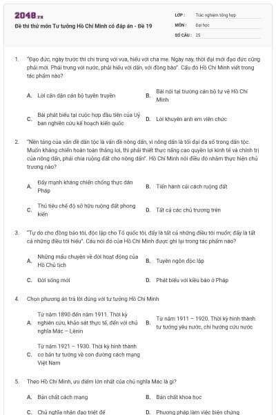 Đề thi thử môn Tư tưởng Hồ Chí Minh có đáp án - Đề 19