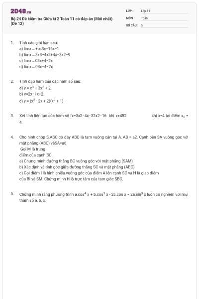Bộ 24 Đề kiểm tra Giữa kì 2 Toán 11 có đáp án (Mới nhất) (Đề 12)