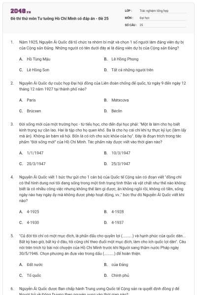 Đề thi thử môn Tư tưởng Hồ Chí Minh có đáp án - Đề 25