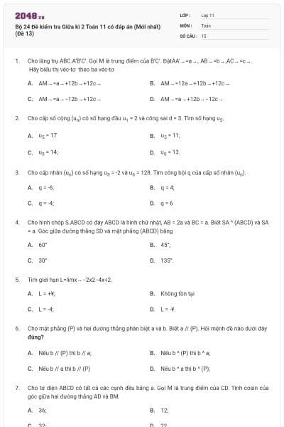 Bộ 24 Đề kiểm tra Giữa kì 2 Toán 11 có đáp án (Mới nhất) (Đề 13)