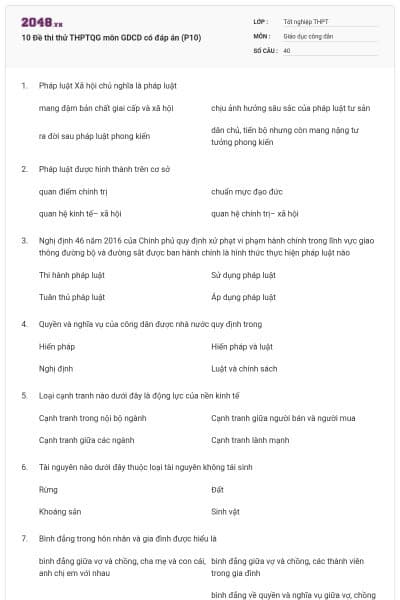 10 Đề thi thử THPTQG môn GDCD có đáp án (P10)