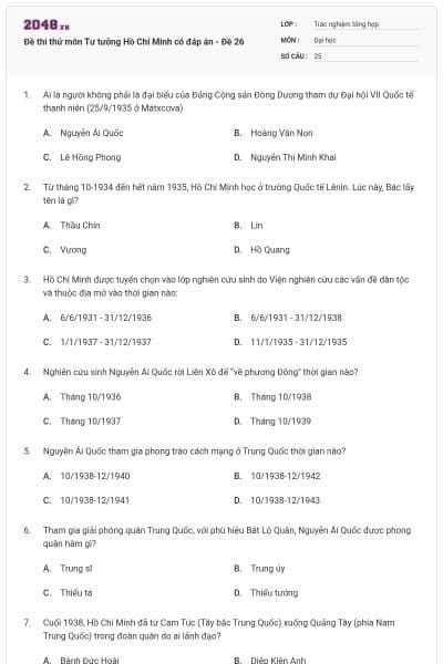 Đề thi thử môn Tư tưởng Hồ Chí Minh có đáp án - Đề 26