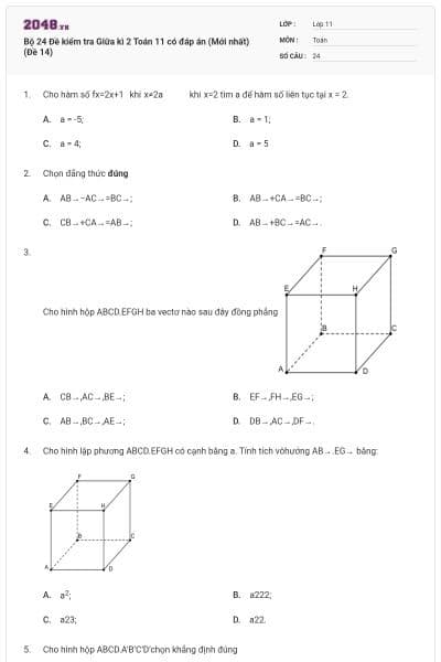 Bộ 24 Đề kiểm tra Giữa kì 2 Toán 11 có đáp án (Mới nhất) (Đề 14)