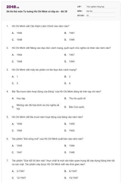 Đề thi thử môn Tư tưởng Hồ Chí Minh có đáp án - Đề 28